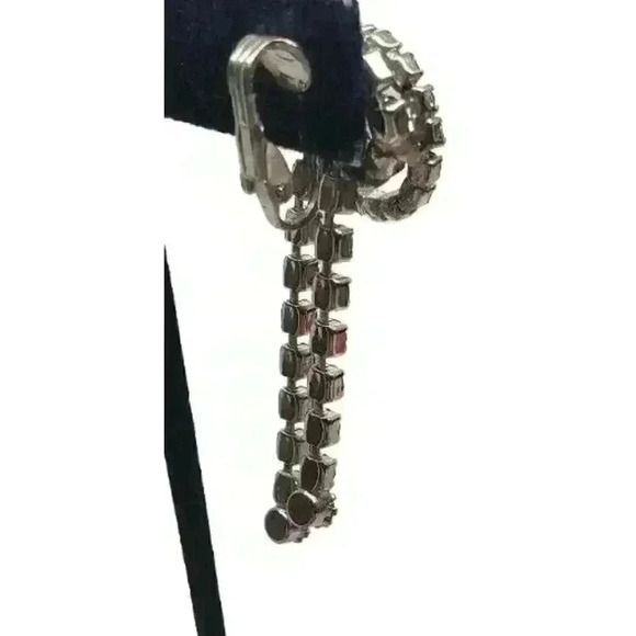 Vintage Rhinestone Earrings Clip Double Circle Long Dangle Bride Barbie Art Deco - Picture 13 of 13